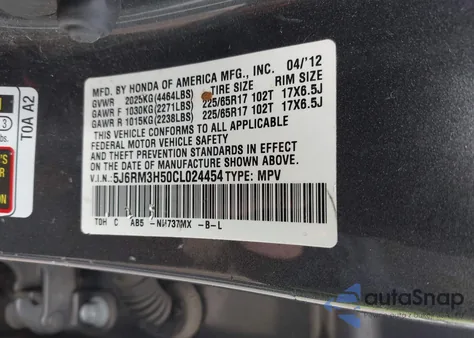 2012 Honda Cr-V Ex from USA, damaged, VIN 5J6RM3H50CL024454
